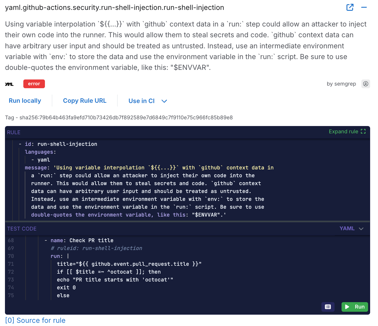 run-shell-injection semgrep rule for github actions