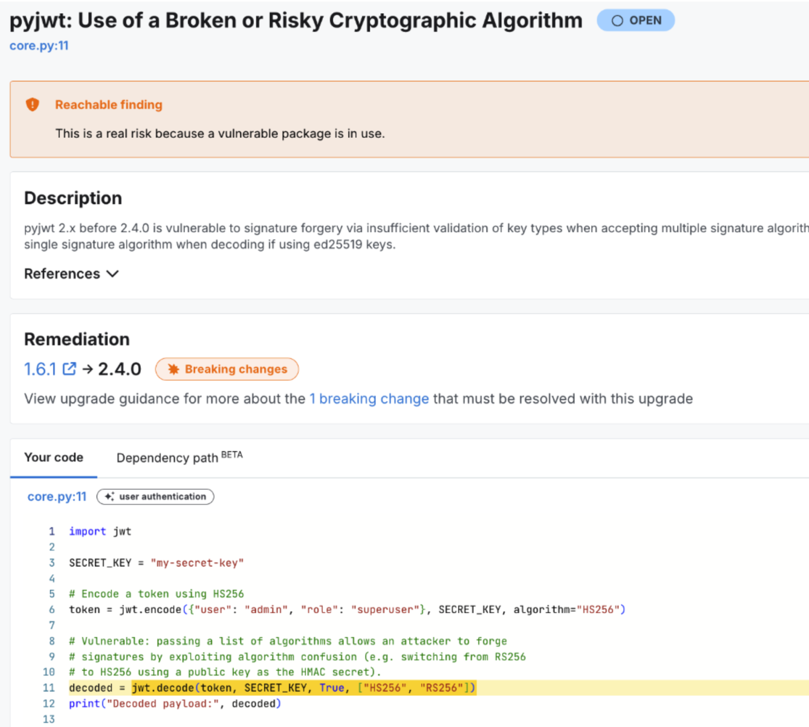 Reachable findings with contextual details and remediation guidance